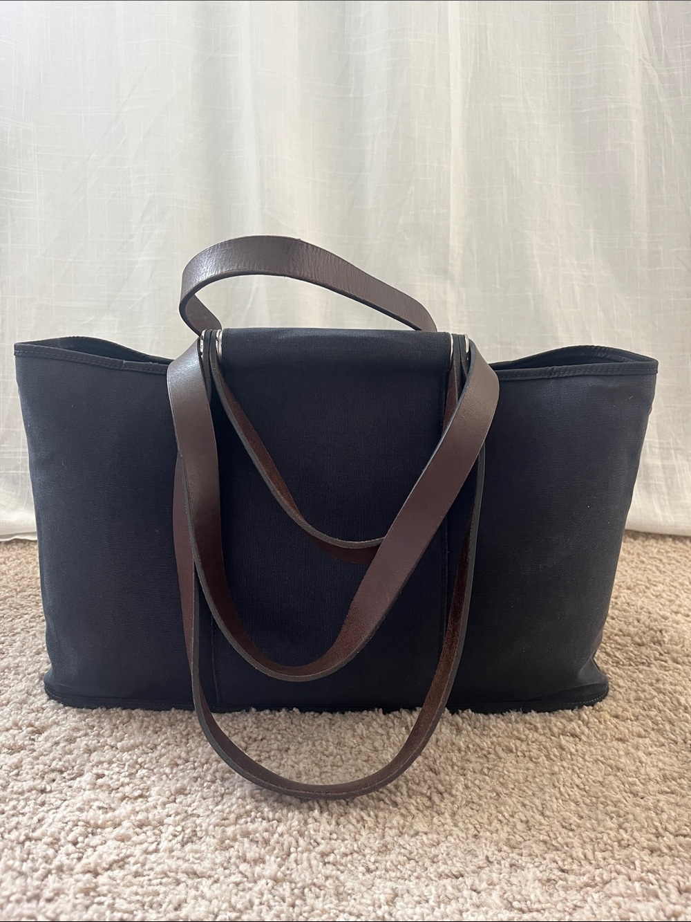 Hermes cabag PM Black Canvas Tote with Brown Leather Straps